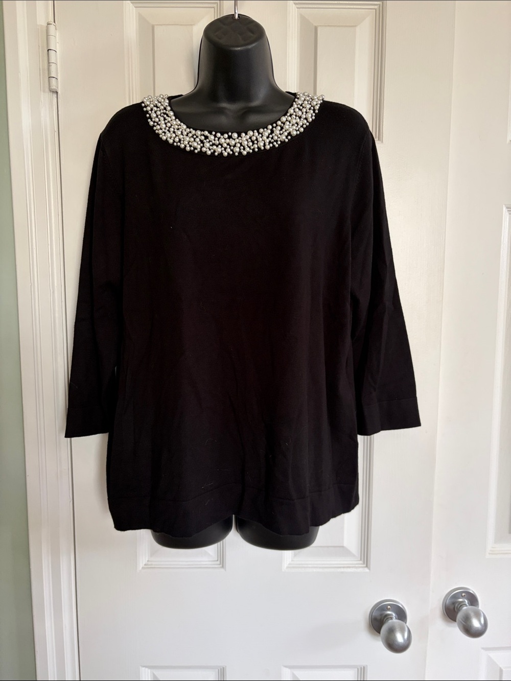 Karl Lagerfeld Black Top with Pearl-Embellished Neckline